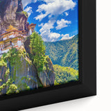 Extra large framed canvas featuring a textured, colorful Bhutanese landscape in black, ideal for living room decor.