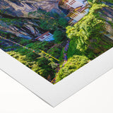 Art deco poster of a serene Bhutanese landscape in muted earth tones on rolled canvas, suitable for dining room decor.