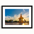 Extra large abstract art print featuring a colorful, textured representation of a Cambodian scenery on a black framed canvas.