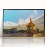 Framed acrylic print of a Cambodian landscape in gold tones, suitable for modern art wall decor.