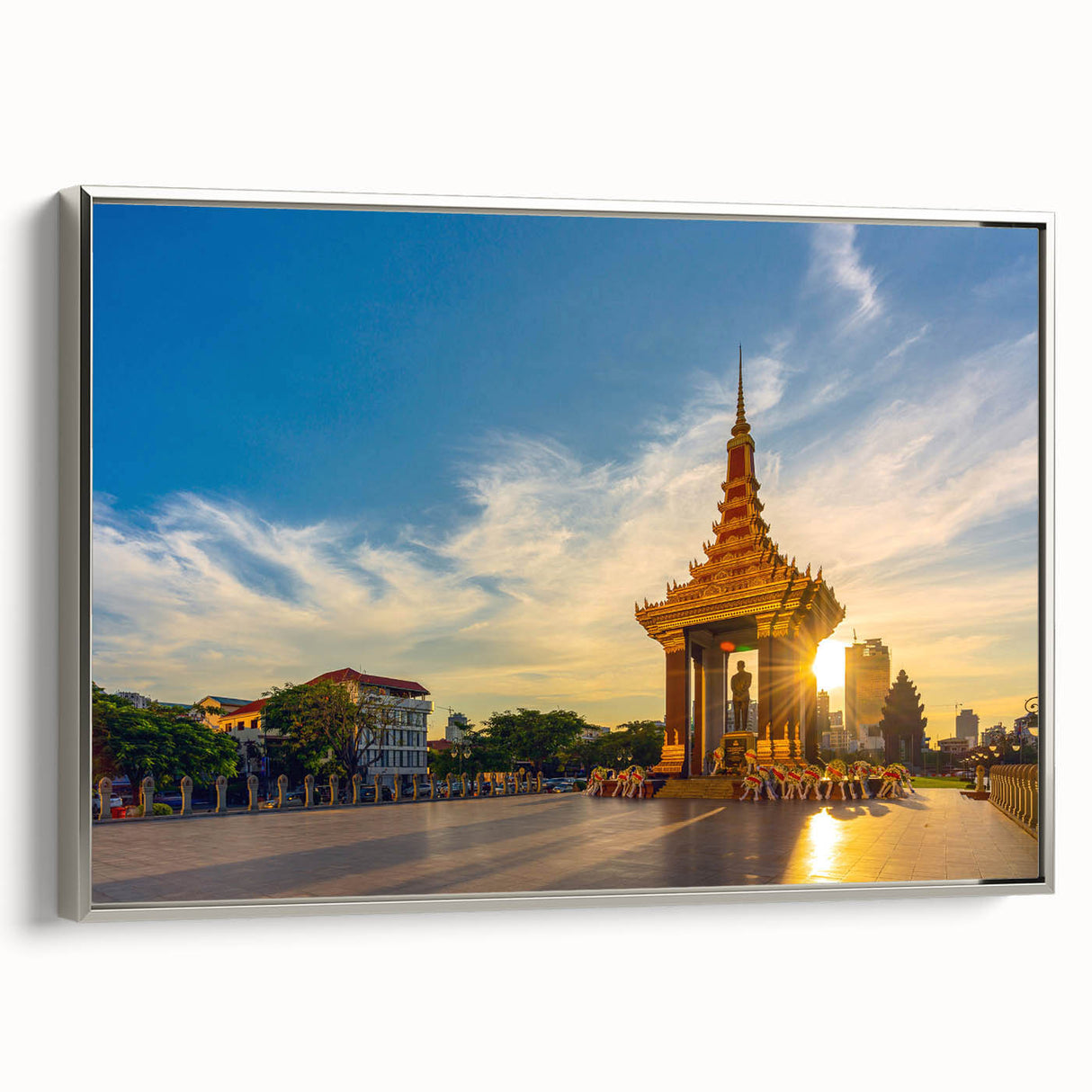 Framed canvas depicting a colorful Cambodian landscape in a vintage poster style, ideal for enhancing living room decor.