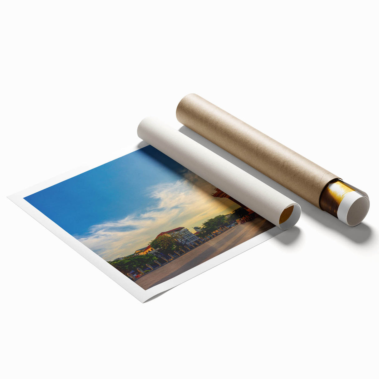 Extra large rolled print of a Cambodian landscape with lush florals in muted greens and browns.