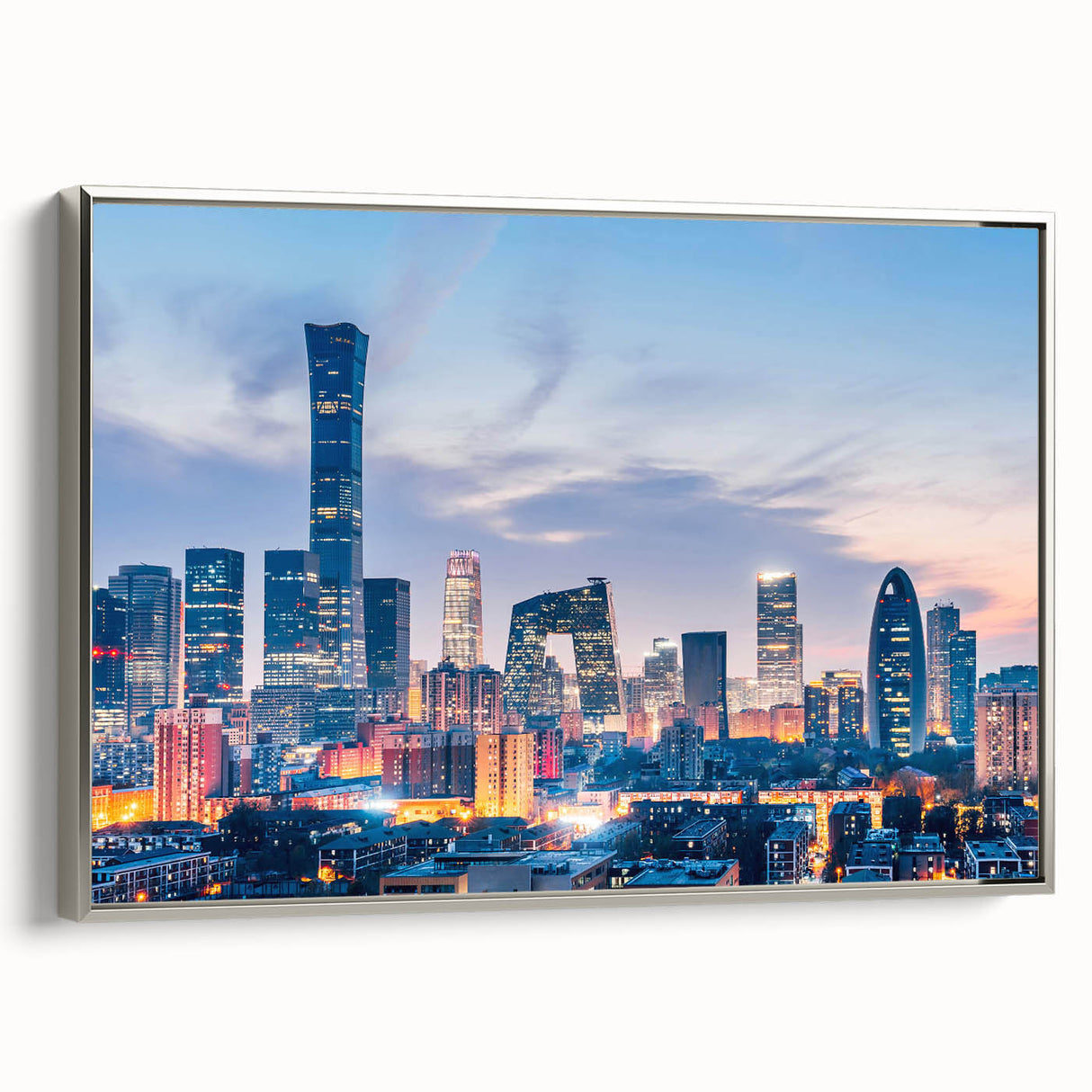 Framed canvas landscape art painting depicting a vintage-style Beijing city scene in muted black and colorful hues.