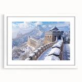 Abstract art print of the Great Wall of China in muted earth tones on a framed white mat, suitable for dining room decor.