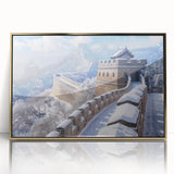 Acrylic print of the Great Wall of China in muted earth tones, framed in gold, ideal for modern art wall decor.