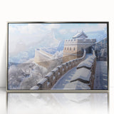 Mid-century modernist art of the Great Wall of China in muted earth tones on a framed acrylic print.