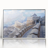 Acrylic print of the Great Wall of China in muted earth tones, framed in white, suitable for modern art wall decor.