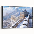 Black and white framed canvas of the Great Wall of China in a vintage poster style, ideal for bedroom wall decor.
