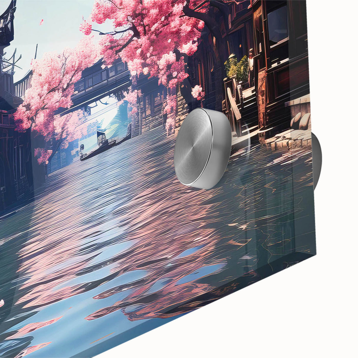 Mid-century modernist Shanghai skyline in muted grays and blues on large acrylic glass, ideal for dining room art.