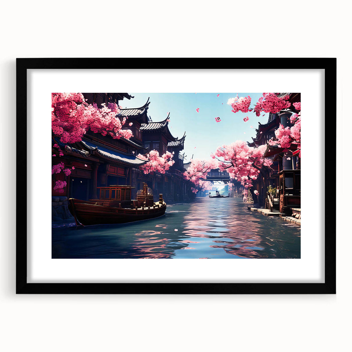 Extra large abstract art print of Shanghai skyline in vibrant colors on textured canvas, framed with a black mat.