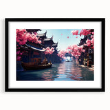 Extra large abstract art print of Shanghai skyline in vibrant colors on textured canvas, framed with a black mat.