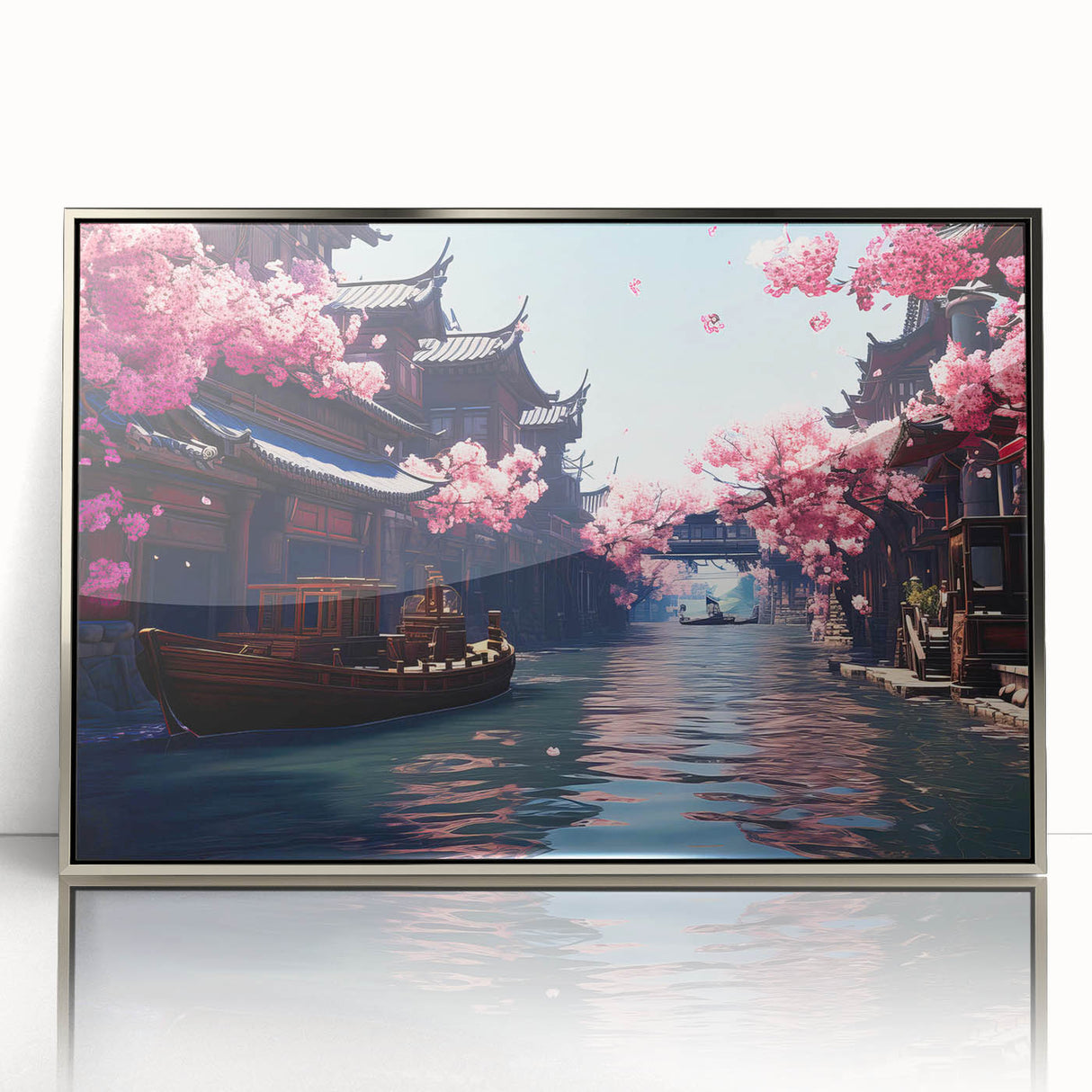 Mid-century modernist Shanghai skyline art in silver acrylic frame, ideal for modern art wall decor.