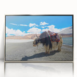 Mid-century modernist art depicting a serene Tibetan landscape in muted earth tones on a framed acrylic panel.