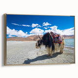 Framed canvas depicting a vintage-style landscape of Tibet in muted gold and black tones, ideal for bedroom wall art.