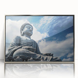 Mid-century modernist art of Hong Kong skyline in acrylic, with silver frame, featuring muted tones.