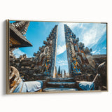 Framed canvas wall art featuring a vintage-style Indonesian landscape in muted gold and black tones, ideal for bedroom decor.