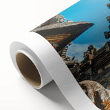 Art deco poster of an Asian landscape in muted green and brown tones on rolled canvas, ideal for nursery wall art.