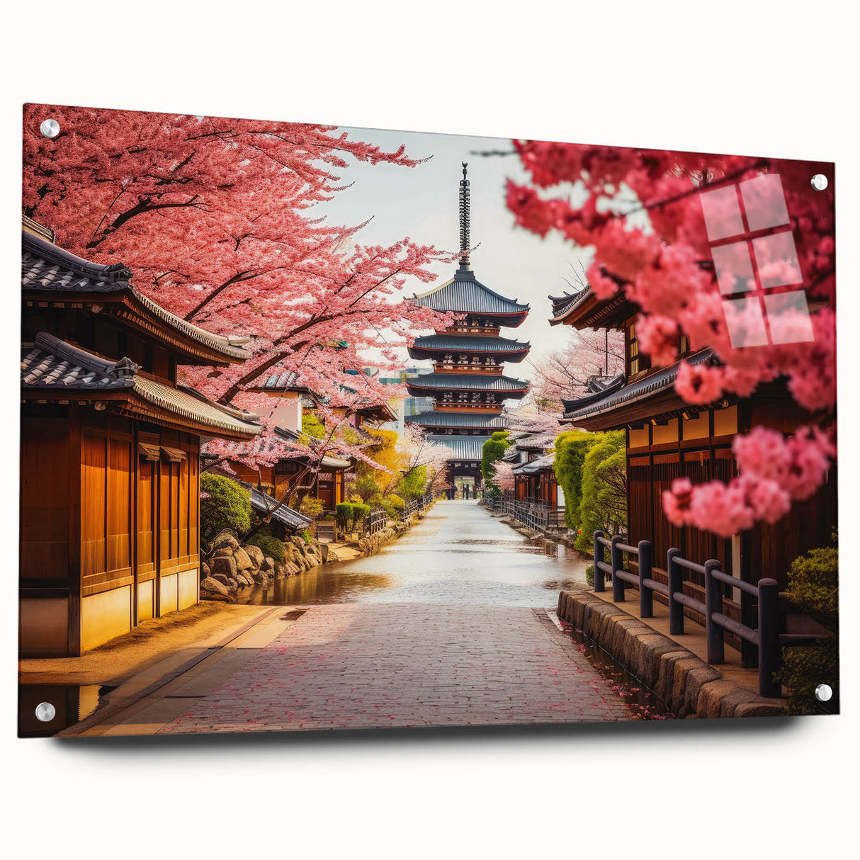 Acrylic print of a Kyoto scenery, showcasing vibrant greens and soft blues, suitable for dining room decor.