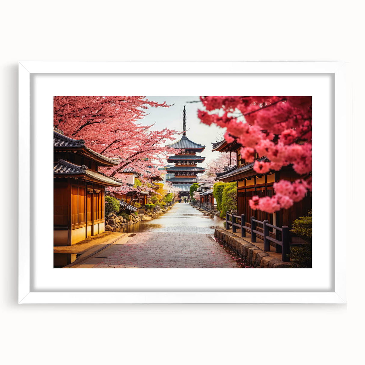 Abstract art print of a Kyoto scenery in muted green and brown tones, framed with a white mat.