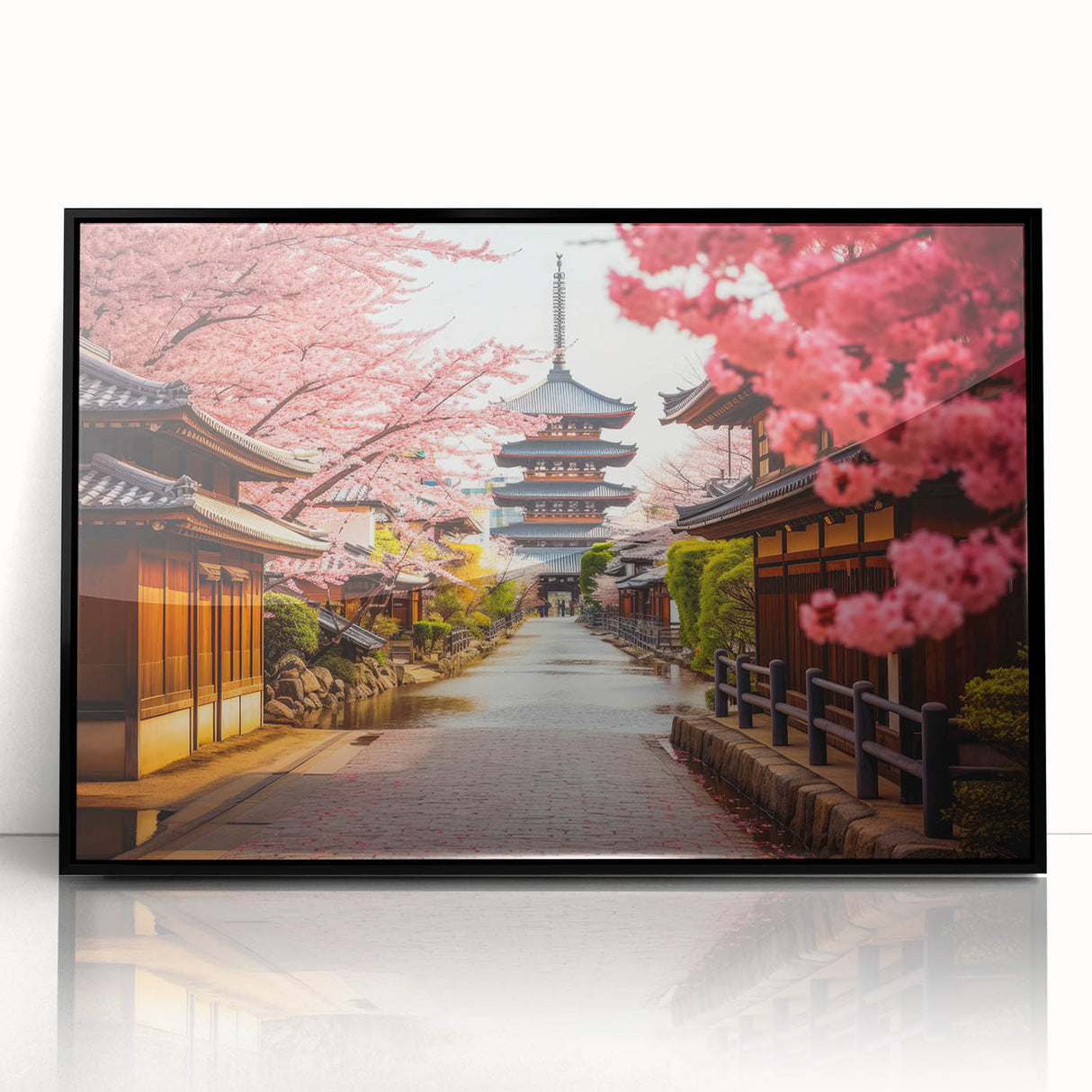 Large abstract wall art featuring a stylized Kyoto scenery in muted earth tones on a framed acrylic.