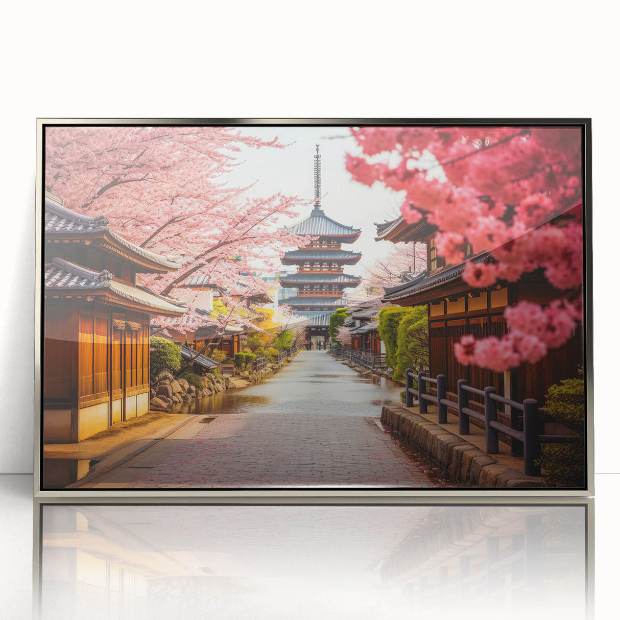 Mid-century modernist art depicting a serene Kyoto landscape in muted earth tones, framed acrylic.