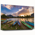Acrylic print of a Laos landscape with lush greenery and river, in soft earth tones, ideal for dining room decor.