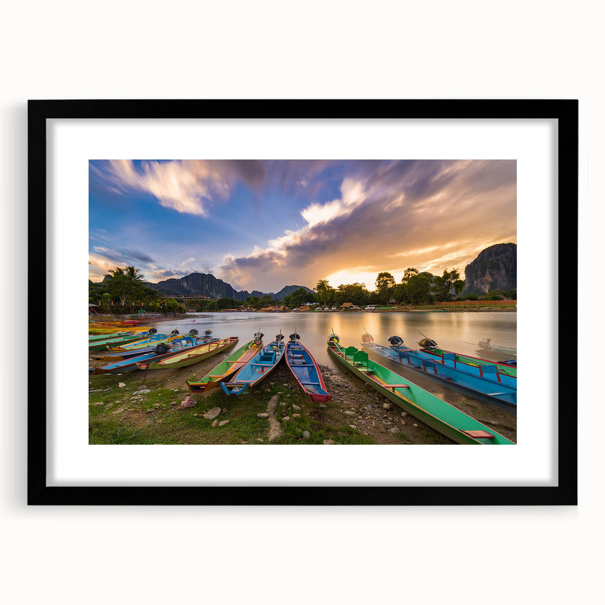 Extra large abstract art print of a colorful, textured Asian landscape, framed in black, ideal for living room decor.