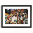 Extra large abstract art print of a colorful Maldivian scenery on textured canvas, framed in black.