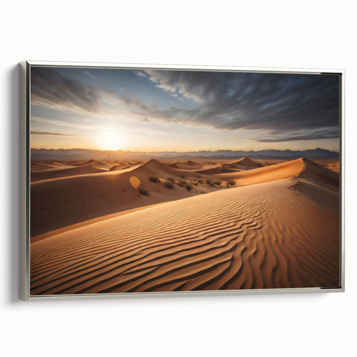 Landscape art painting of a Mongolian scene on a silver-framed canvas, featuring vibrant greens and blues.