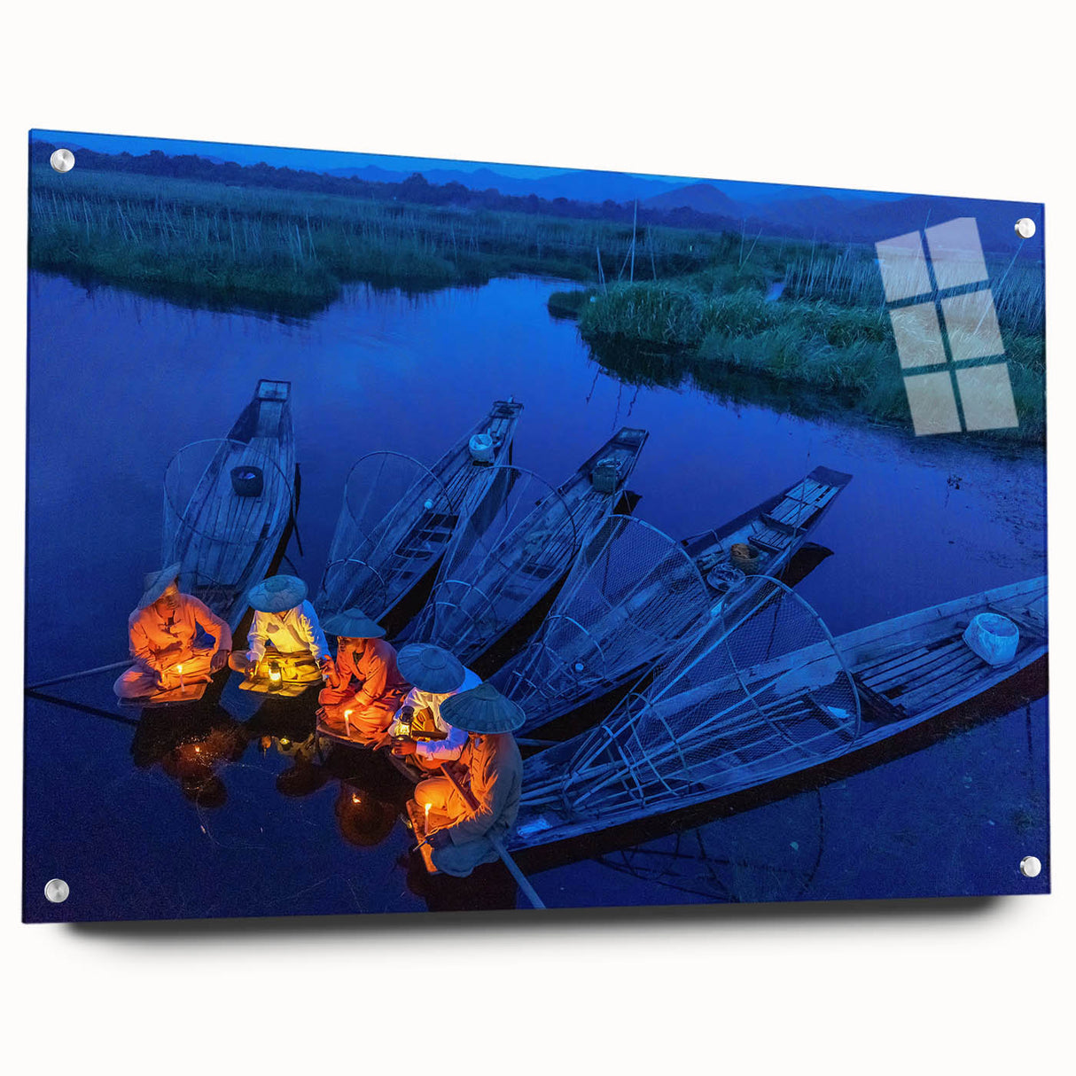 Acrylic print of a Myanmar landscape in muted earth tones, ideal for dining room decor.