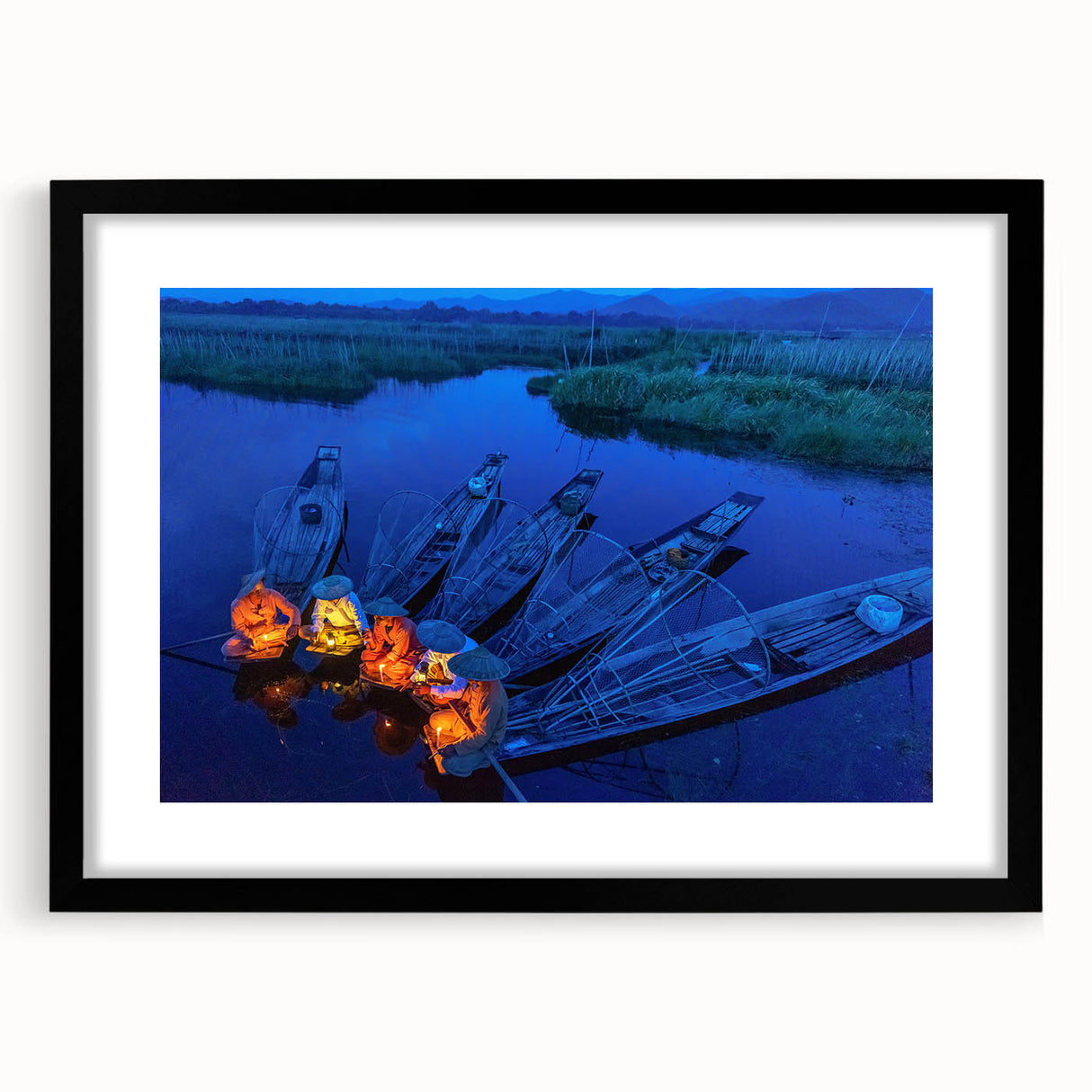 Colorful abstract art print of a Myanmar landscape in vibrant hues on a textured canvas, framed in black.