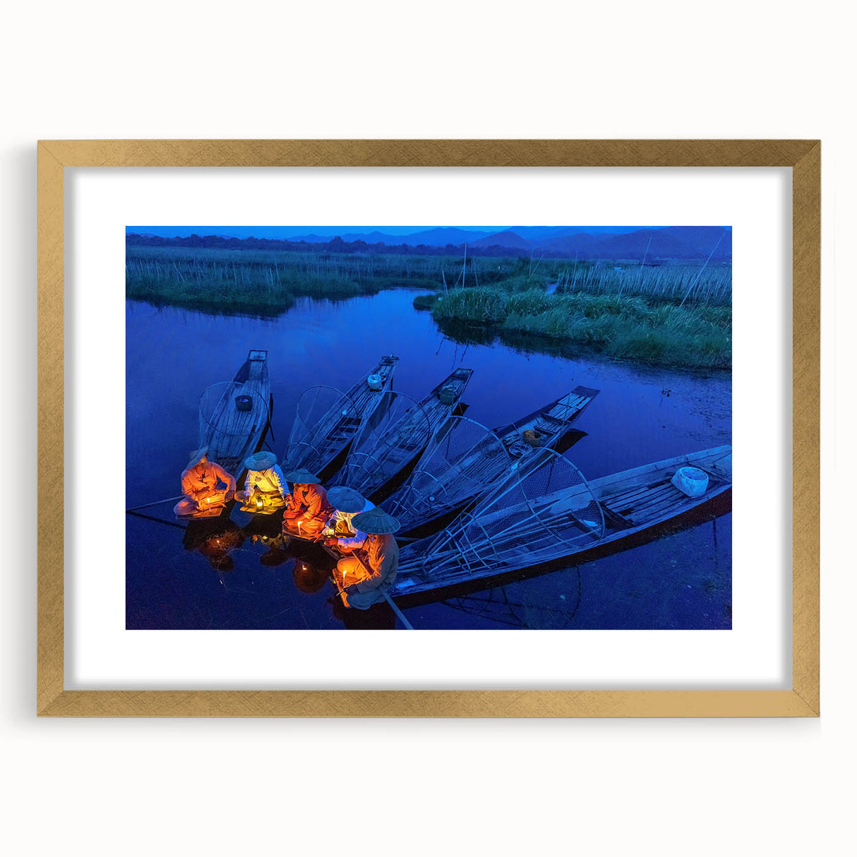 Extra large wall art featuring an abstract print of a Myanmar landscape in textured gold and earth tones, framed with a mat.