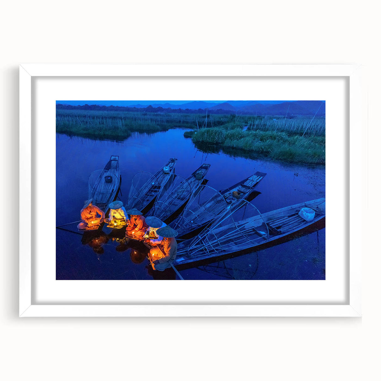 Abstract art print of a Myanmar landscape in muted earth tones on a framed white mat, ideal for bedroom or dining room decor.