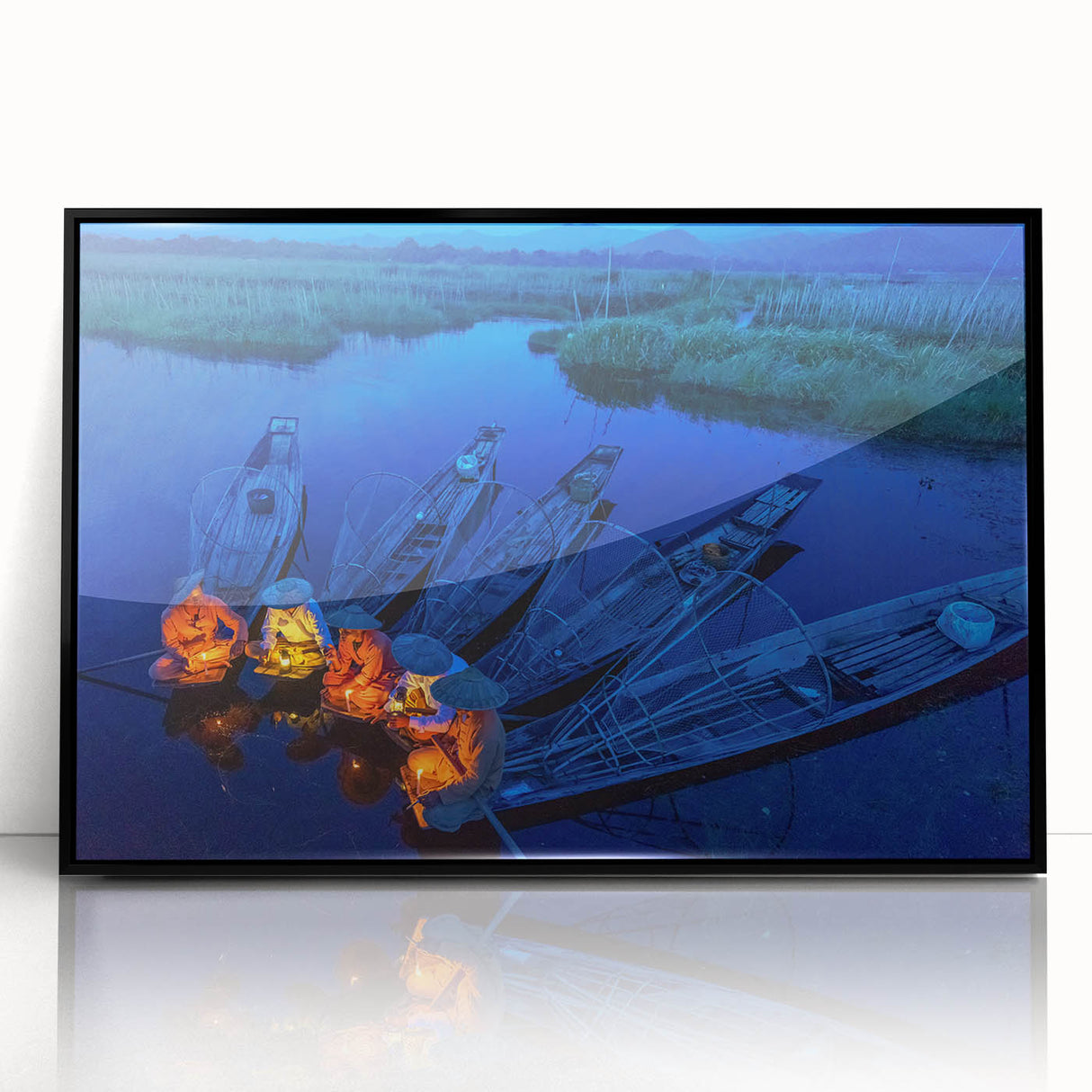 Large abstract wall art featuring a mid-century modernist style with vibrant colors of Myanmar scenery on framed acrylic.