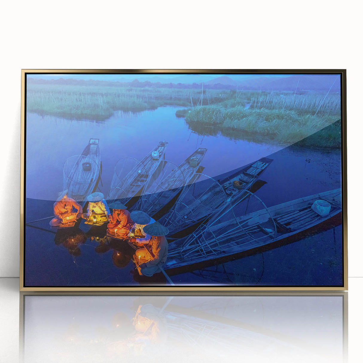 Large art print depicting a serene Myanmar landscape in gold and green tones on a framed acrylic.