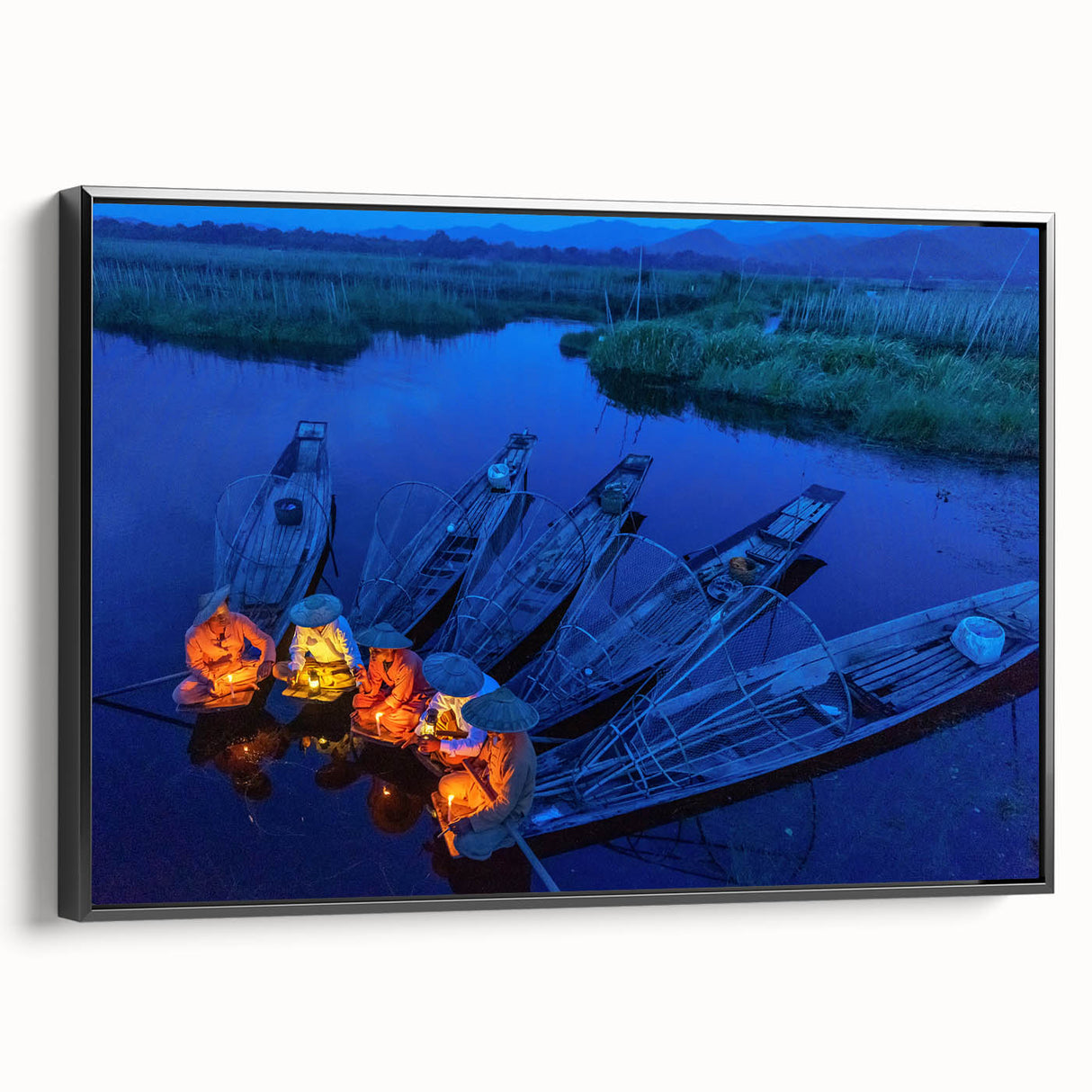 Black and white framed canvas of a Myanmar landscape with vintage poster art style, ideal for bedroom wall decor.