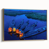 Framed canvas wall art depicting a vintage-style landscape of Myanmar with prominent black and gold tones.