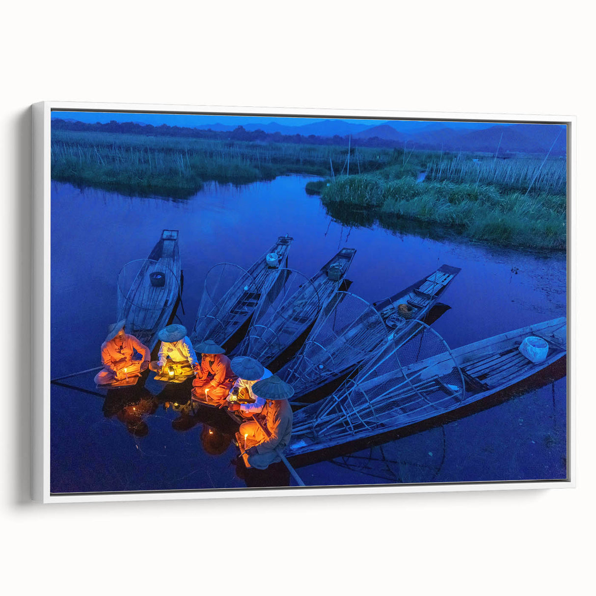 Vintage poster art of a Myanmar landscape in vibrant colors on a large framed canvas, ideal for living room decor.