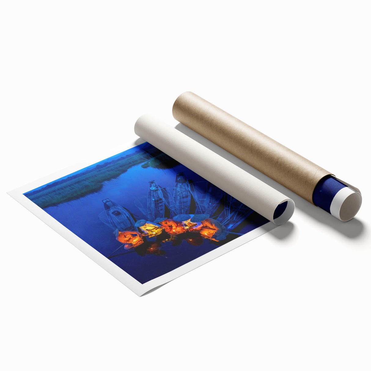 Extra large rolled print depicting a serene Myanmar landscape with lush greenery and traditional structures.