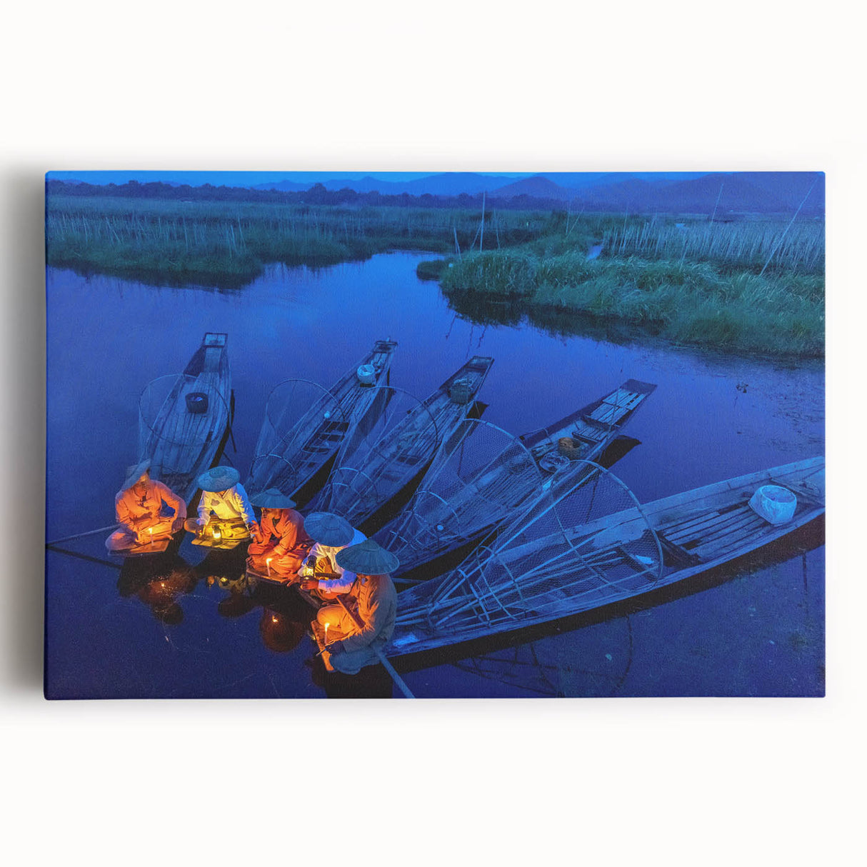 Black and white photograph of a Myanmar landscape on stretched canvas, ideal for kitchen wall art.