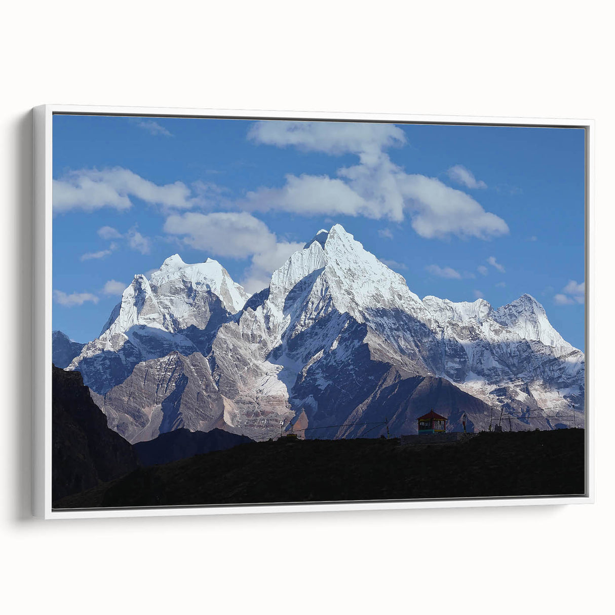 Extra large framed canvas depicting a textured, colorful Nepalese landscape, ideal for living room decor.