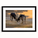 Extra large abstract art print of a colorful, textured scenery depicting an Asian landscape, framed in black.