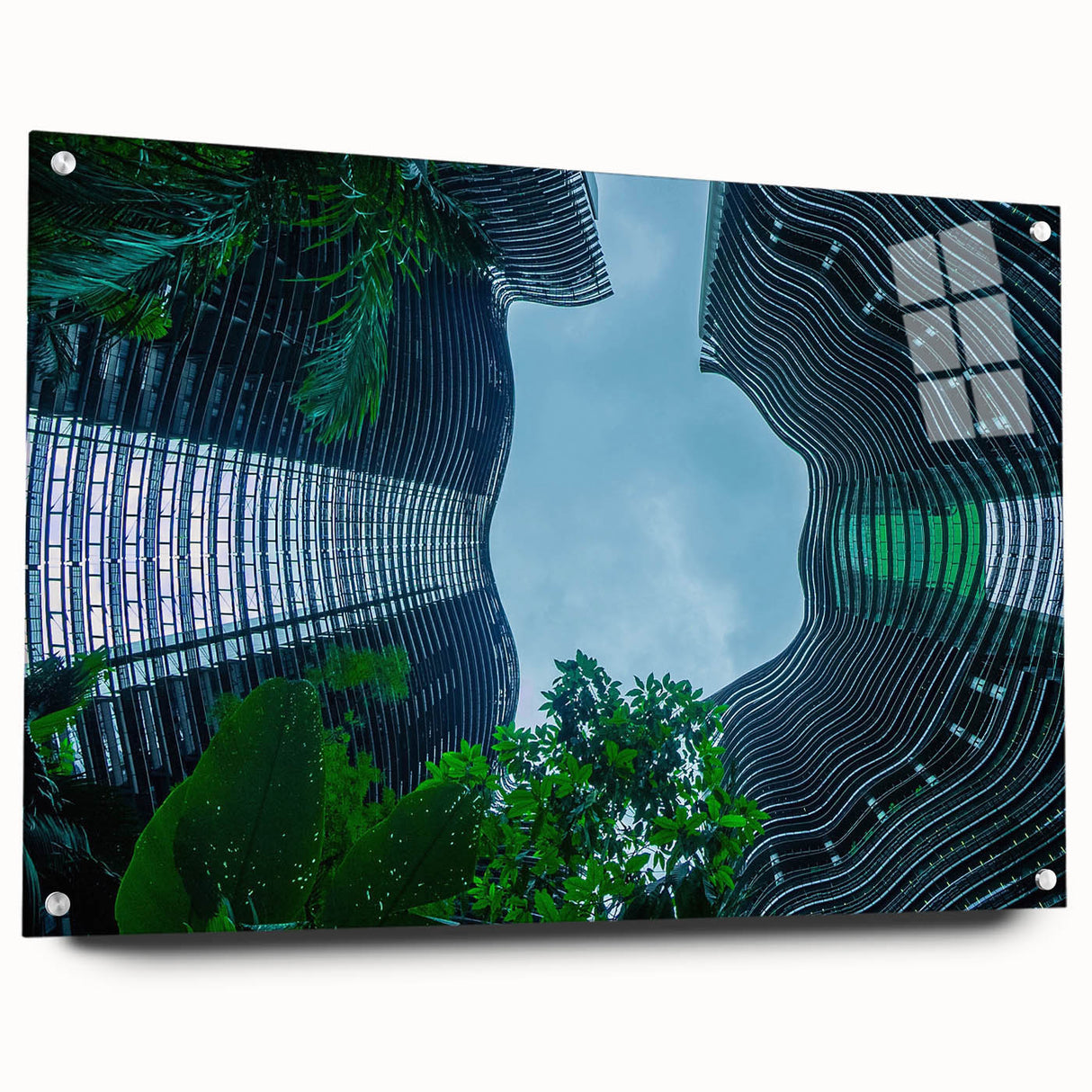 Acrylic print of Singapore skyline with vibrant blue and gray tones, suitable for dining room or bedroom decor.