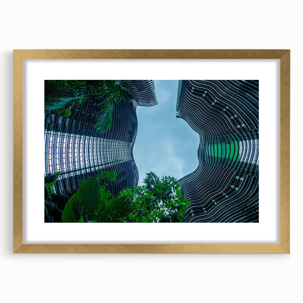Extra large abstract art print of Singapore skyline in textured gold frame, ideal for living room decor.