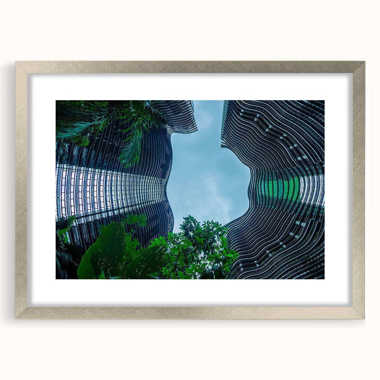 Textured art of abstract Singapore skyline in muted silver and gray tones on a framed print, suitable for bedroom art.