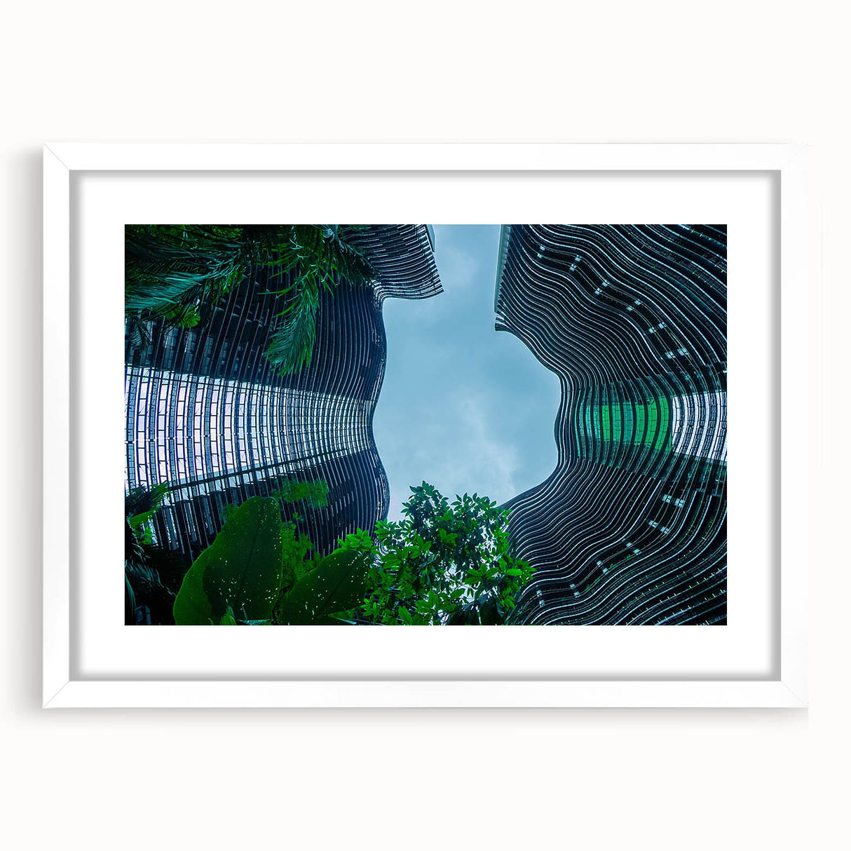 Abstract art print of Singapore skyline in muted gray and blue tones on a framed white mat, ideal for dining room decor.