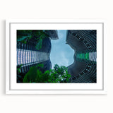 Abstract art print of Singapore skyline in muted gray and blue tones on a framed white mat, ideal for dining room decor.