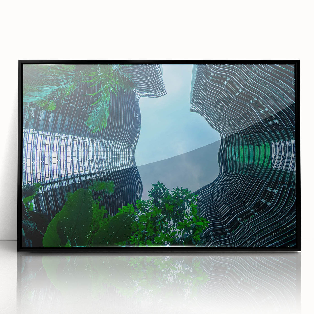 Large abstract wall art of Singapore skyline in muted gray and blue tones on a framed acrylic.