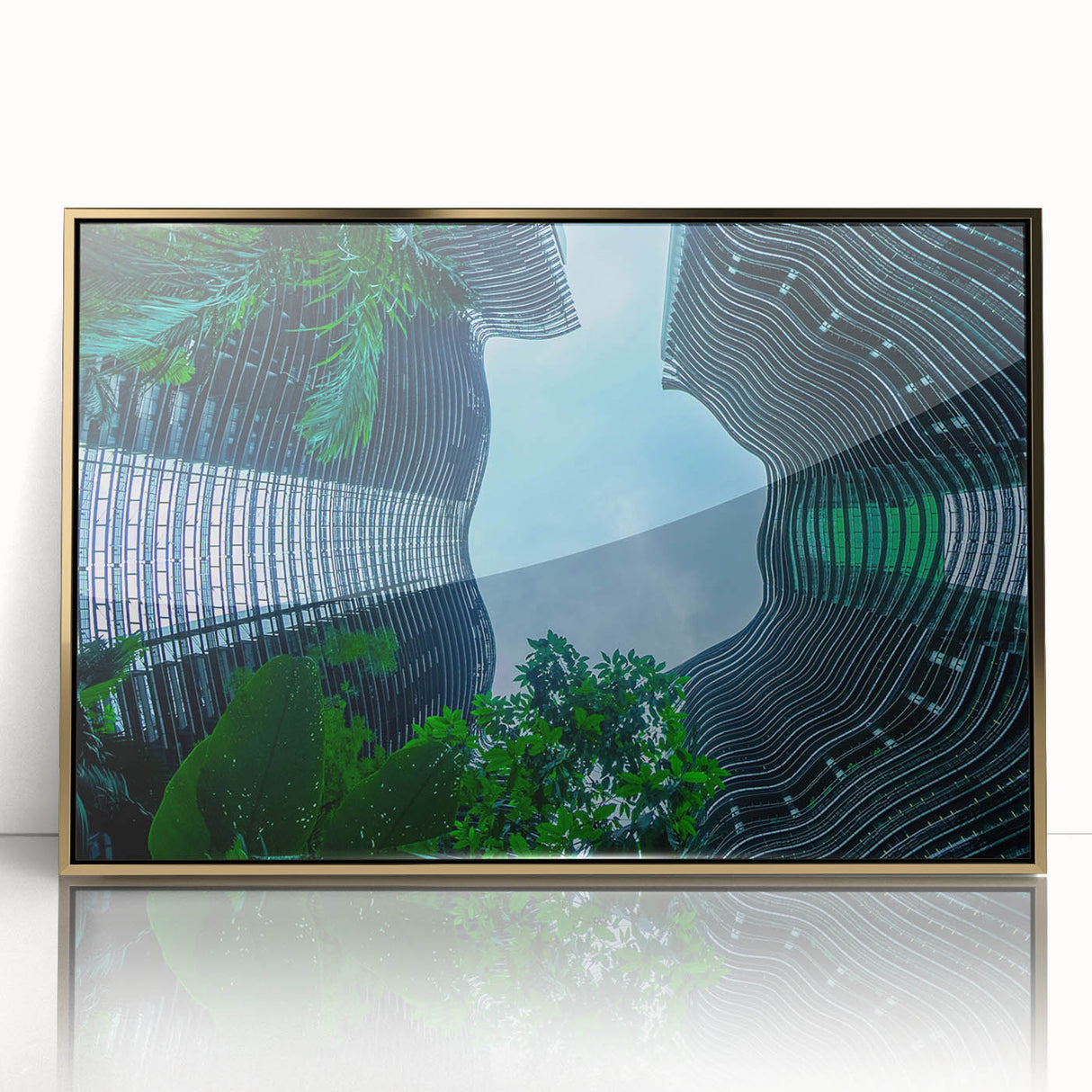 Mid-century modernist style large art print of Singapore scenery in muted gold tones, acrylic framed.