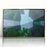 Mid-century modernist style large art print of Singapore scenery in muted gold tones, acrylic framed.
